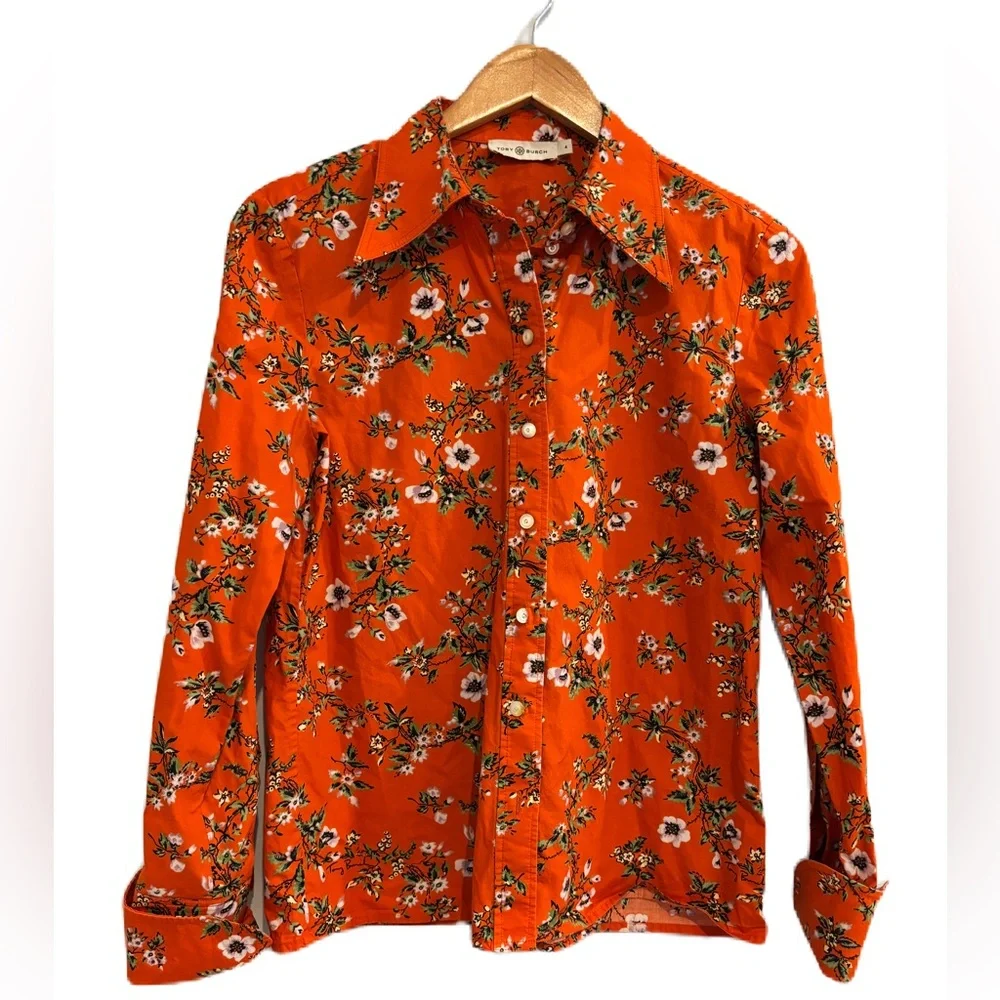 Tory Burch Orange Floral Cotton Button Down Shirt Size 4